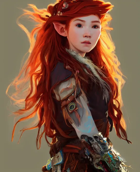 Prompt: beautiful portrait of aloy from horizon zero dawn, long red hair and pale skin, elf, trending on artstation, bright colors, by wlop, by kan liu, by alphonse mucha, by geoffrey chan, art nouveau