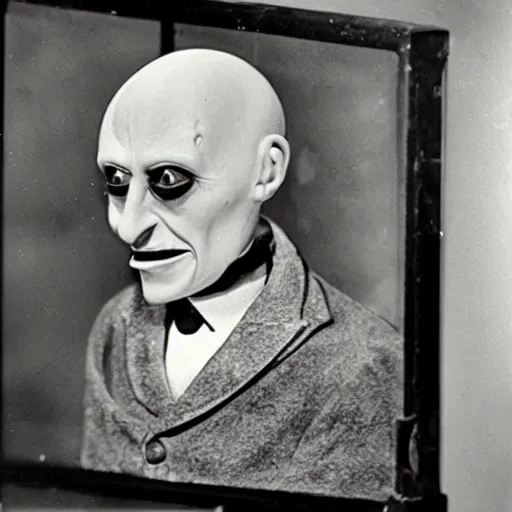 Prompt: photograph of a taxidermied count orlok on display in a museum