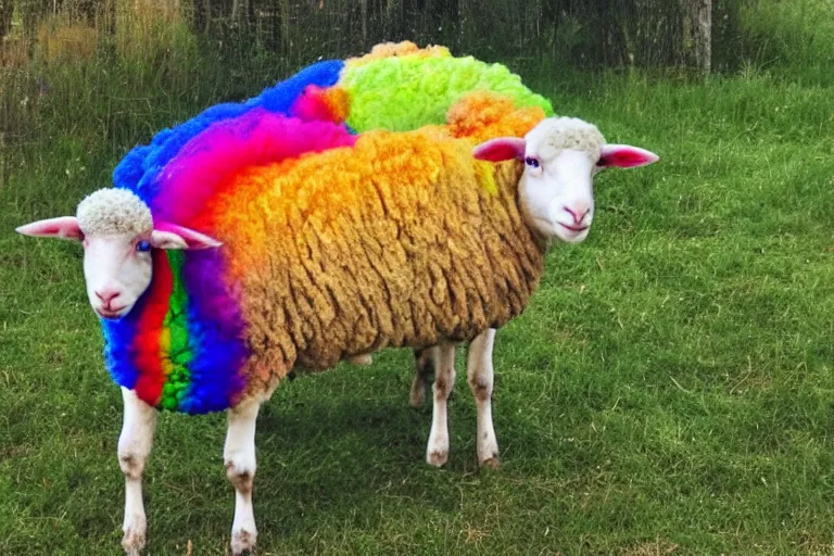 Prompt: a photo of a rainbow sheep