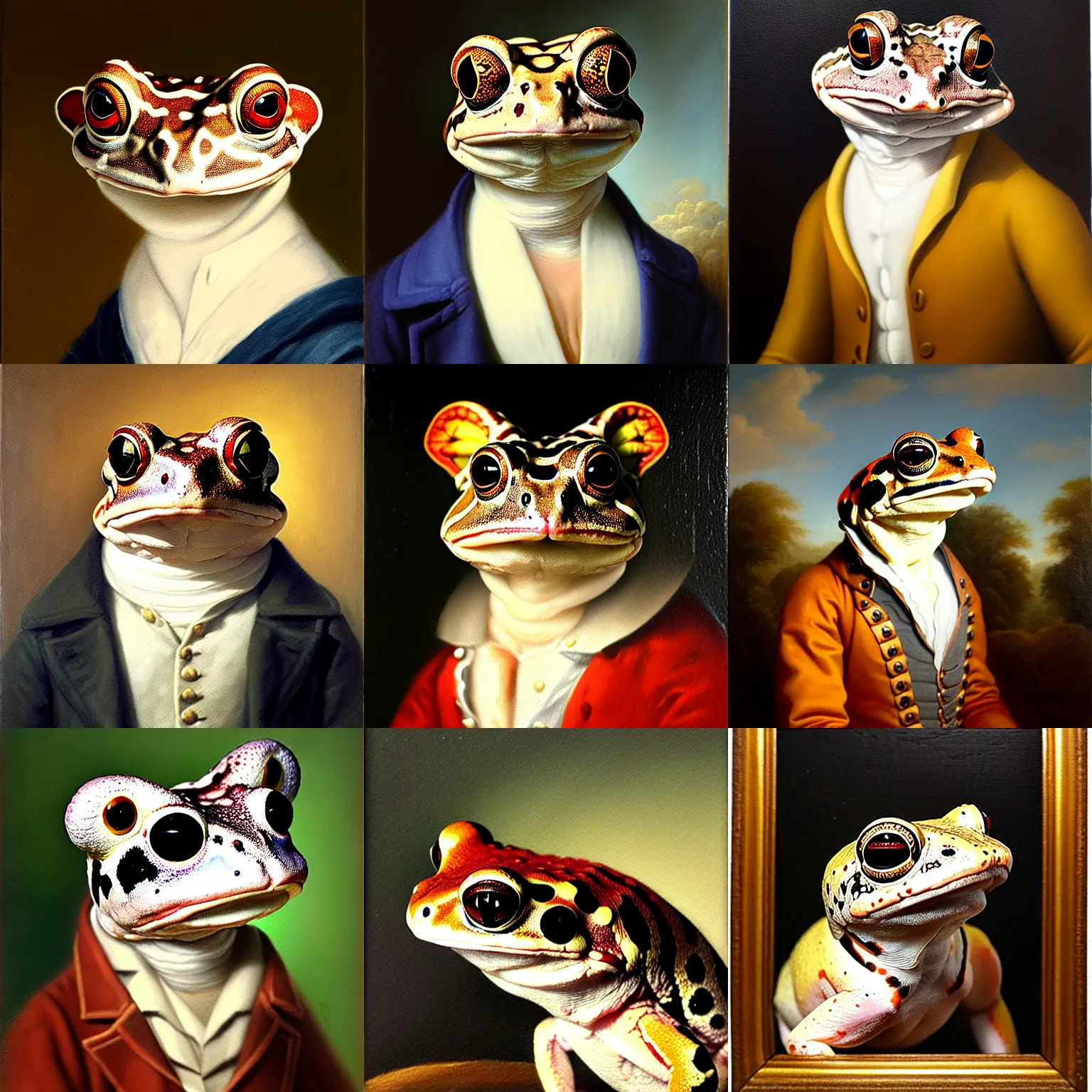 Prompt: a head and shoulders portrait painting of an anthropomorphic!!!!!!!!!! amazon milk frog!!!!!!!!!! wearing a colonial outfit without a hat looking off camera, a character portrait, american romanticism, oil on canvas, warm lighting