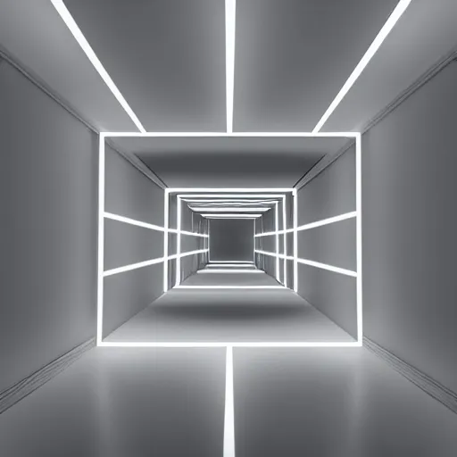 Image similar to inside of blank dark without light endless cube with white neon contours. Realistic Concept Art photography