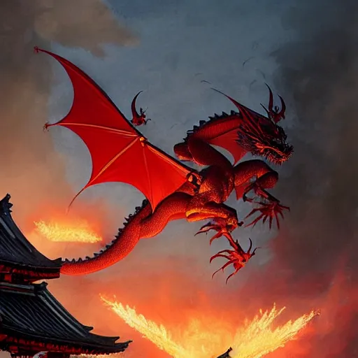 Prompt: Stunning Portrait of A Red dragon flying above a Feudal Japan temple, during a fire works festival at night by Kim Jung Gi, Blizzard Concept Art Studio Ghibli. oil paint. 4k. by brom, Pixiv cute anime girl wearing police gear by Ross Tran, Greg Rutkowski, Mark Arian, soft render, octane, highly detailed painting, artstation