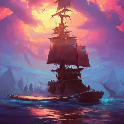 Image similar to a large pirate ship floating on top of a body of water, pirates flag, cgsociety, fantasy art, 2 d game art, concept art, heavenly lighting, retrowave, behance hd, concept art by jesper ejsing, by rhads, makoto shinkai cyril rolando, madgwick