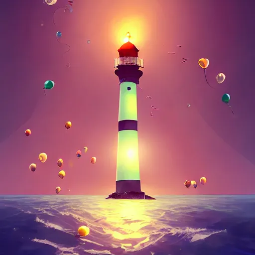 Prompt: a lot of floating birthday balloons. beautiful sea with a lighthouse that looks like a candle. digital art, highly - detailed, artstation cgsociety masterpiece