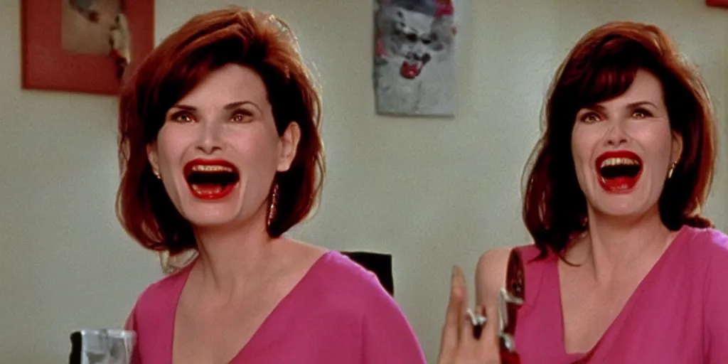 Image similar to still frame of Geena Davis in Pulp Fiction laughing hysterically over a joke