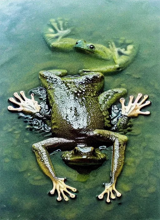 Prompt: “semitranslucent smiling frog amphibian floating over misty lake waters in Jesus Christ pose, low angle, long cinematic shot by Andrei Tarkovsky, paranormal, eerie, mystical”