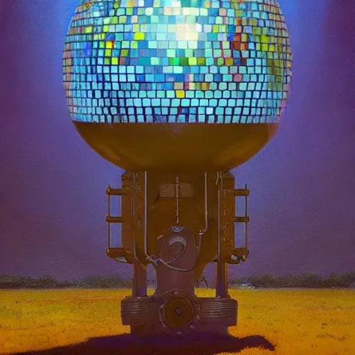 Prompt: a beautiful painting by thomas brom trending on artstation A farm of disco balls, by beeple and james gurney trending onartstation A supersonic irrigation device invented in the woodmarked plain