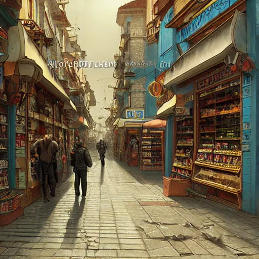 Prompt: A fantasycore of a convenience store with photograph of 2022 portugal lisbon on the street of a very highly detailed logital eldritch city matte painting art by Greg Rutkowski, a 12x(very) much logical detailed Dimensional cyan gold natural light, highly logical detailed by alphonse mucha, a 12x(very) much logical detailed by Eta Cru and James Gurney and Donato Giancola