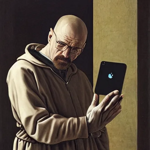 Image similar to walter white looking at a phone, renaissance painting