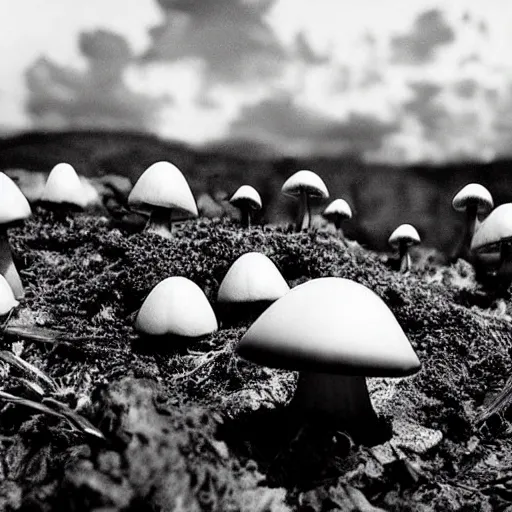 Image similar to mushrooms in the place of flying saucers, hallucinogenic, psychedelics, altered vision, groovy, modern,