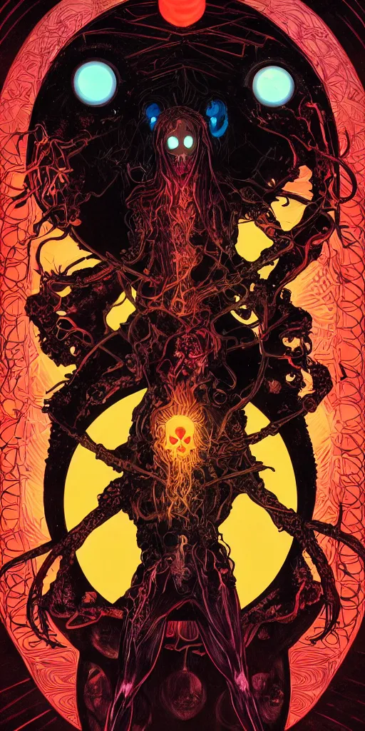 Image similar to intense glowing black metal pagan god with spider eyes and spider legs with a skull in very dark void by josan gonzales and moebius and alphonse mucha, portrait, light beams, lens flare, studio muti, malika favre, rhads, makoto, black and red and teal