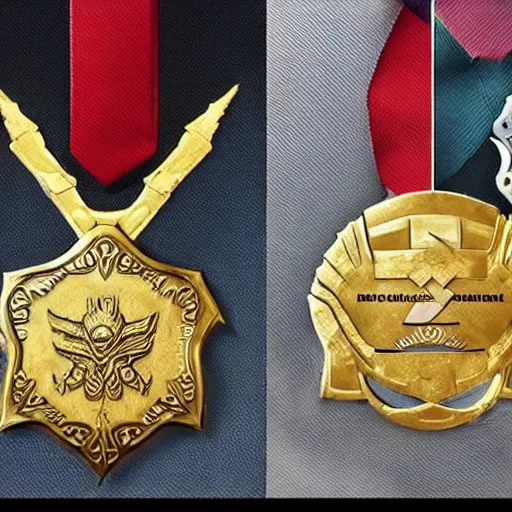 Prompt: fantasy, list, honor, medal, metal, detail, final fantasy, gold medal, transformers