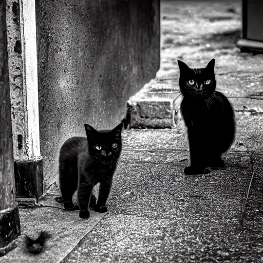 Image similar to In an old house area, a group of black cat with red eyes, the scene is dark, old black and white photo,50 mm, hyper-realistic, 8K HDR.