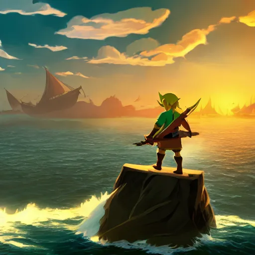 Image similar to link standing on an island ready for battle, a large detailed pirate ship is in the water in the distance, dramatic lighting, diffused light, haze, lens flare, detailed wind waker concept art, 8 k, trending on artstation