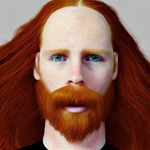 Image similar to ginger dude with long dog ear hair, freckles, hyper realistic