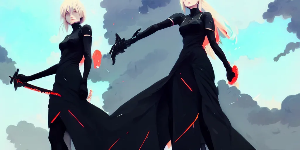 Prompt: a ultradetailed beautiful panting of artoria pendragon in a black dress, by conrad roset, greg rutkowski and makoto shinkai, trending on artstation