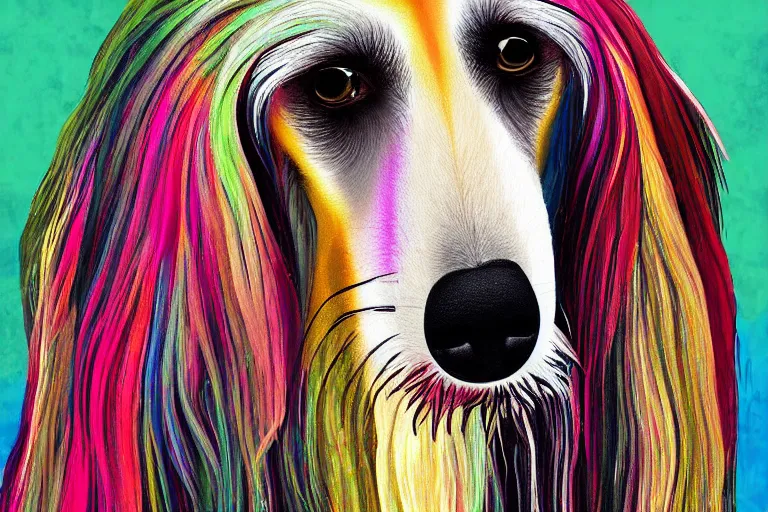 Image similar to a painting of a afghan hound portrait, in the style of artur bordalo, digital art, muted colors