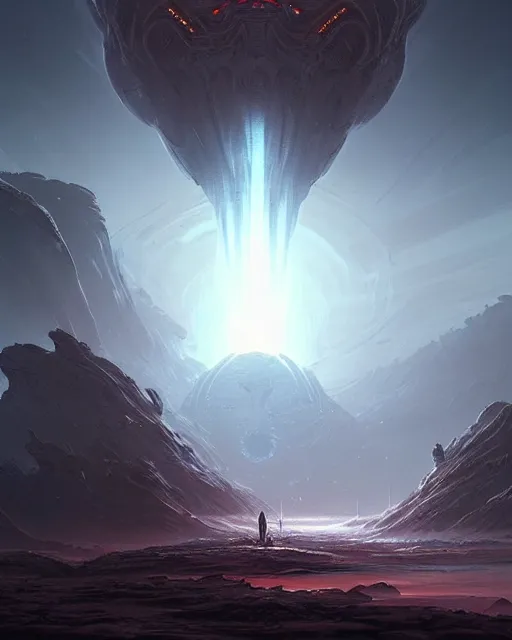 Image similar to professional ominous concept art of an alien planet landsacpe by artgerm and greg rutkowski ( thin white border ). an intricate, elegant, highly detailed digital painting, concept art, smooth, sharp focus, illustration, in the style of cam sykes, wayne barlowe, igor kieryluk.