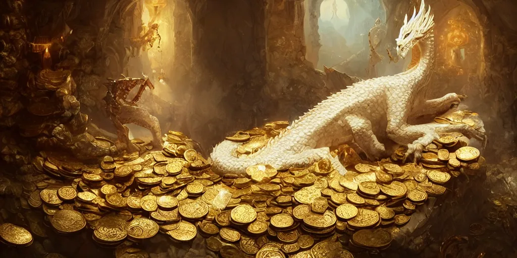 Image similar to concept art of a white scaled dragon laying on a mountain of golden coins and precious jewels inside a castle, medieval, jewels, gold, painting by wlop, nixeu and greg rutkowski, beautiful, semirealism, artstation, octane render, sharpness, 8 k, golden ratio