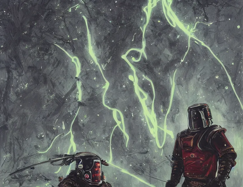 Prompt: a detailed portrait painting of a bounty hunter wearing a reflective visor, standing in a forest holding a weapon, spacecraft flies in the distance. cinematic sci-fi poster. Flight suit, cloth and metal, accurate anatomy. Samurai influence, knight influence. fencing armour. portrait symmetrical and science fiction theme with lightning, aurora lighting. clouds and stars. Futurism by moebius beksinski carl spitzweg moebius and tuomas korpi. baroque elements. baroque element. intricate artwork by caravaggio. Oil painting. Trending on artstation. 8k