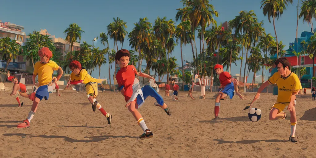 Image similar to a film still of a scene, where boys playing football, a sunny and colourful beach scene in santa monica, los angelos, the weather is very windy. narrow shot, low depth of field, wes anderson, studio ghibli, pixar and disney animation, sharp, rendered in unreal engine 5, anime key art by greg rutkowski, bloom, dramatic lighting