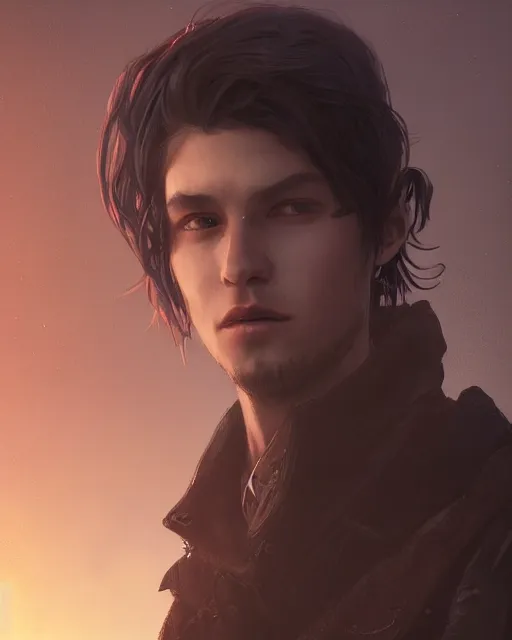 Prompt: portrait, cute young man, long hair, post - apocalyptic, waistcoat, black greatcoat, very detailed, dusk, character illustration, soft lighting, octane render, greg rutkowski, alphonse mucha, sung choi, 8 k