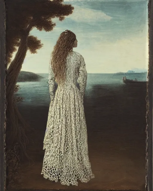 Image similar to a young woman standing by the sea, long hair, made of intricate decorative lace leaf skeleton, in the style of the dutch masters and gregory crewdson, dark and moody