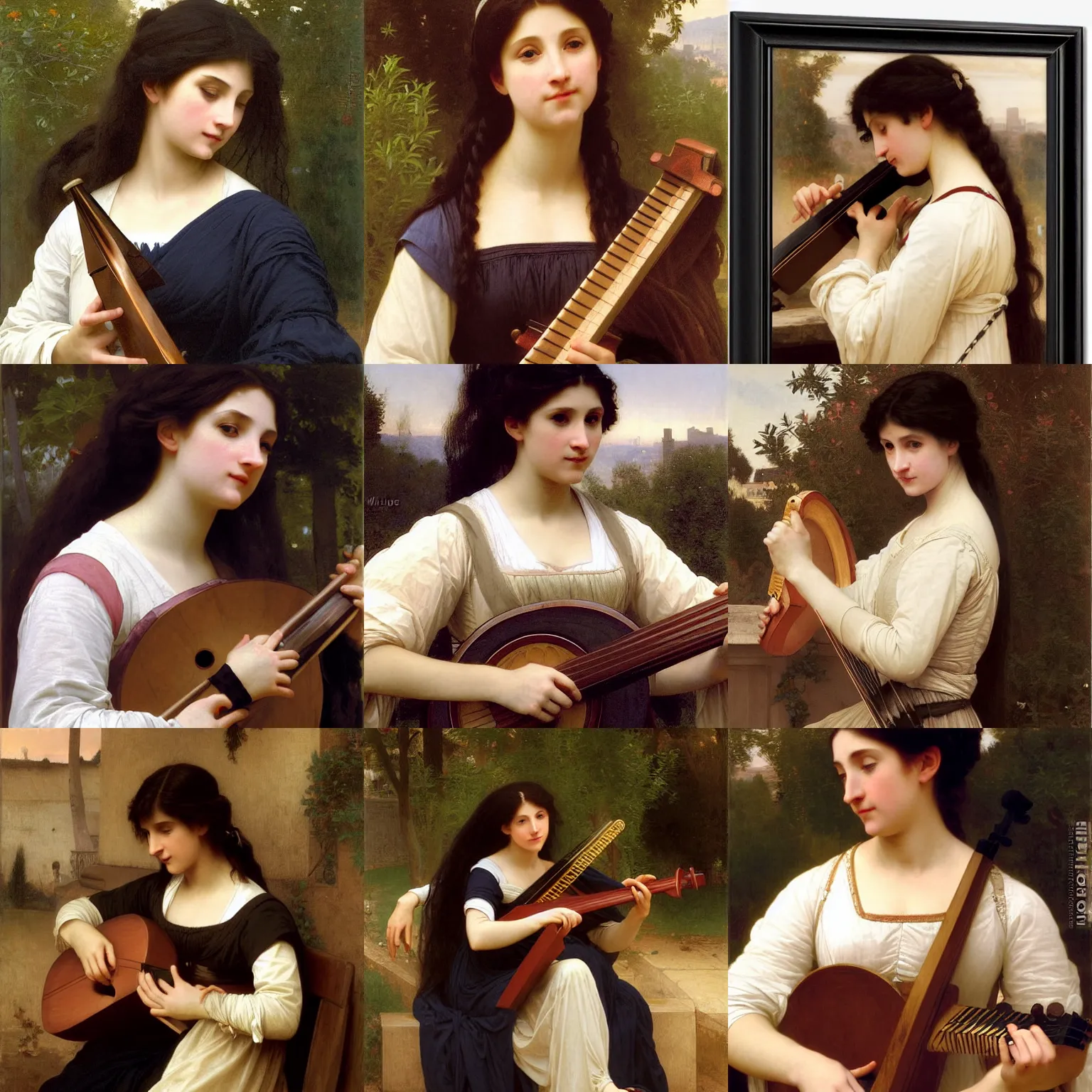 Prompt: Stern English Woman playing the lute. Slender neck. Master Lutist. Long dark hair. Art by William-Adolphe Bouguereau. During golden hour. Extremely detailed. Beautiful. 4K. Award winning.