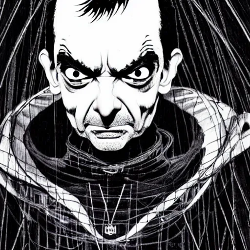 Image similar to Mr Bean looking sinister, by Tsutomu Nihei, highly detailed