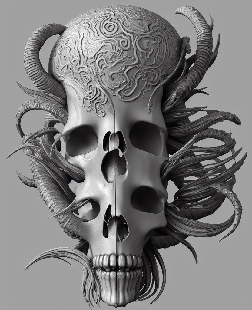 Prompt: goddess princess face close-up portrait ram skull. hard surface sculpting zbrush. jellyfish phoenix head, nautilus, orchid, skull, betta fish, bioluminiscent creatures, intricate artwork by Tooth Wu and wlop and beeple. octane render, trending on artstation, greg rutkowski very coherent symmetrical artwork. cinematic, hyper realism, high detail, octane render, 8k