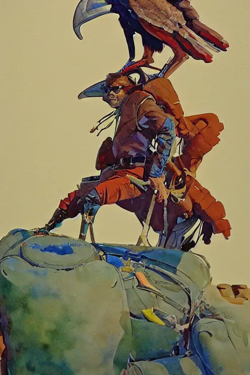 Image similar to cowboy sitting on giant emu bird with backpack, scifi, art by jean giraud, moebius, juan gimenez, greg manchess, in watercolor gouache detailed paintings, in style of syd mead, colorful comics style, artstation