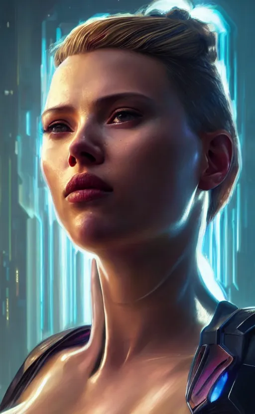 Image similar to portrait of scarlett johansonn as a character in arabian Cyberpunk 2077, looking at camera, intricate, dystopian, sci-fi, extremely detailed, digital painting, artstation, concept art, smooth, sharp focus, illustration, intimidating lighting, incredible art by artgerm and greg rutkowski and alphonse mucha and simon stalenhag