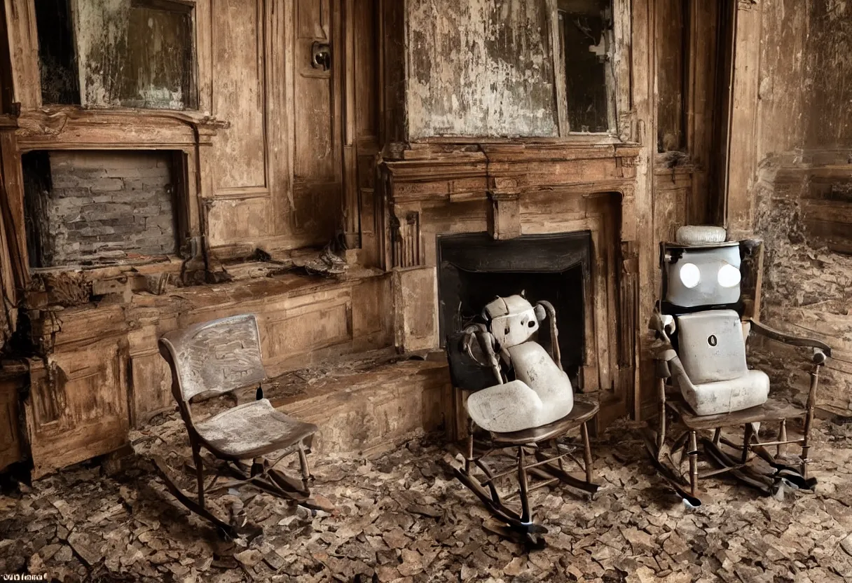 Image similar to A lonely robot sitting on a aged wooden rocking chair in front of a single beautiful fireplace in a dilapidated Victorian home