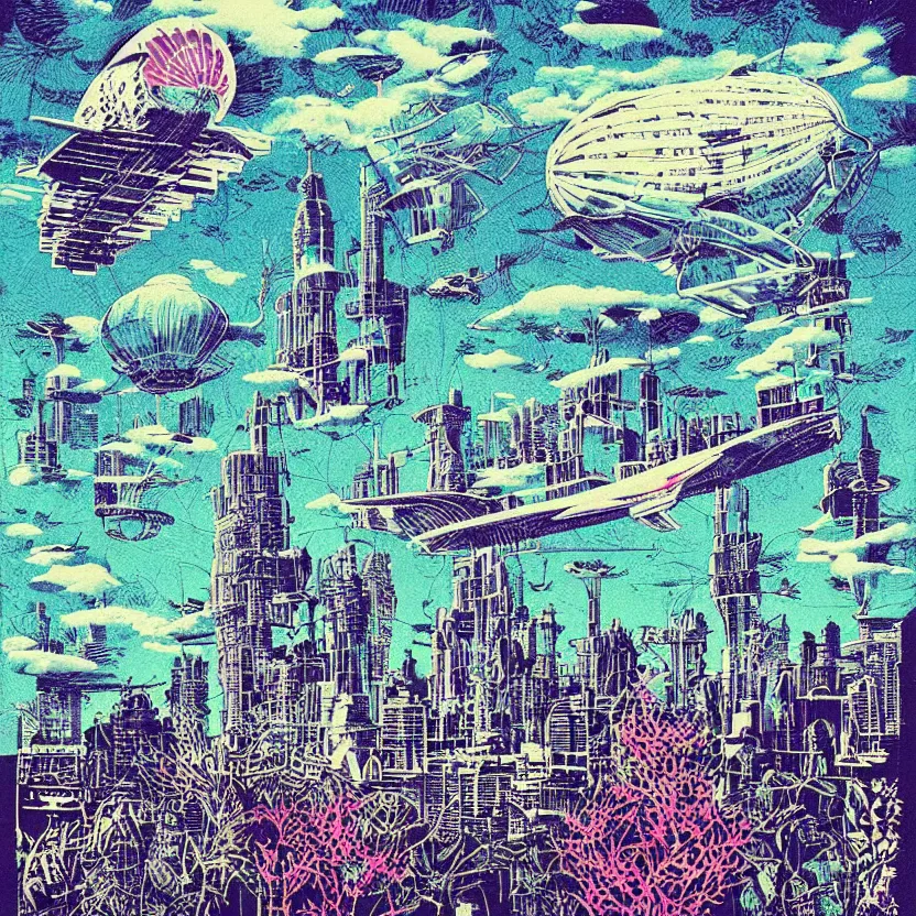 Image similar to surreal glimpse into other universe, mahanakorn tower with airship floating n the sky, summer morning, very coherent and colorful high contrast, art by!!!! joan miroi!!!!, geof darrow, floralpunk screen printing woodblock, dark shadows, hard lighting, stipple brush technique,