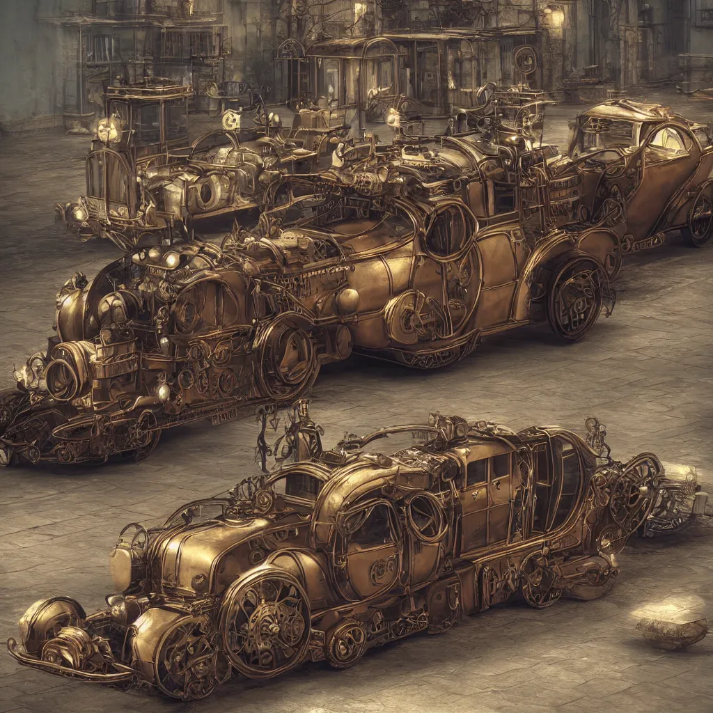 Image similar to steampunk style blender car, photorealistic, 3 d rendering, cute, unreal engine, bokeh