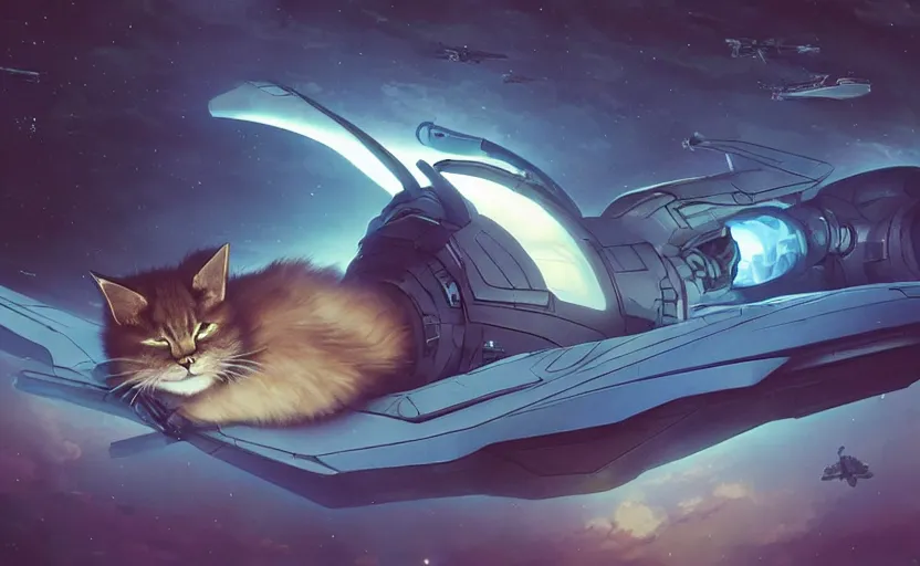 Image similar to alien space cat sleeping on a small fighter spaceship in a spaceport in a star wars inspired studio ghibli animated film, volumetric lighting, octane render by artgerm, greg rutkowski, studio ghibli, thomas kindkade, alphonse mucha, loish, norman rockwel, highly detailed