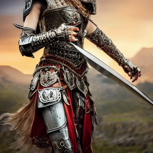 Image similar to beautiful princess warrior with ornate armour, highly detailed, 4k, HDR, smooth, sharp focus, hyper realistic, high resolution, award-winning photo