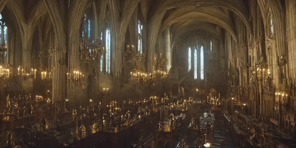 Prompt: film still. screenshot. hogwarts castle. the great hall. busy. early morning. directed by denis villeneuve. extremely detailed. 4 k.