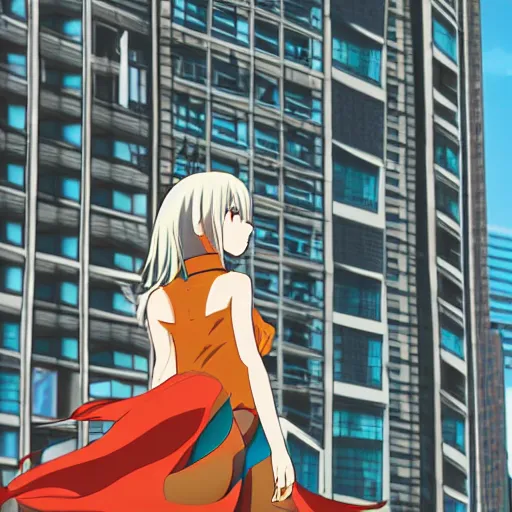 Image similar to an attractive anime woman with multicolored hair looking out of a window of a tall building