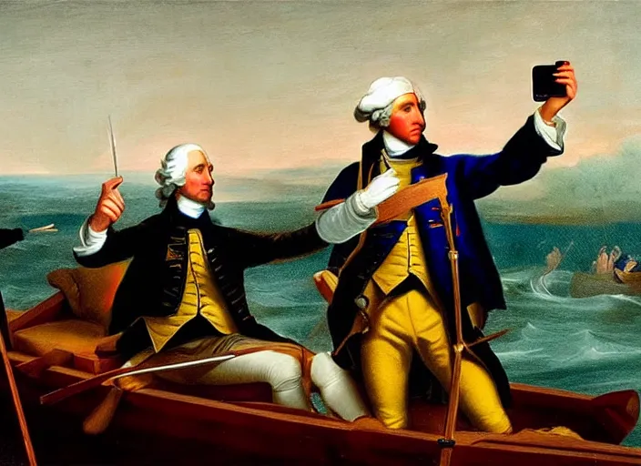 Prompt: oil painting of Washington Crossing the Delaware but Washington is taking a selfie with an iPhone