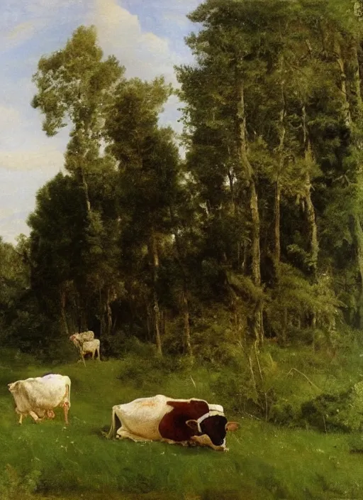 Image similar to artwork painting of a lush environment, a cow is grazing by eugene von guerard, ivan shishkin, john singer sargent