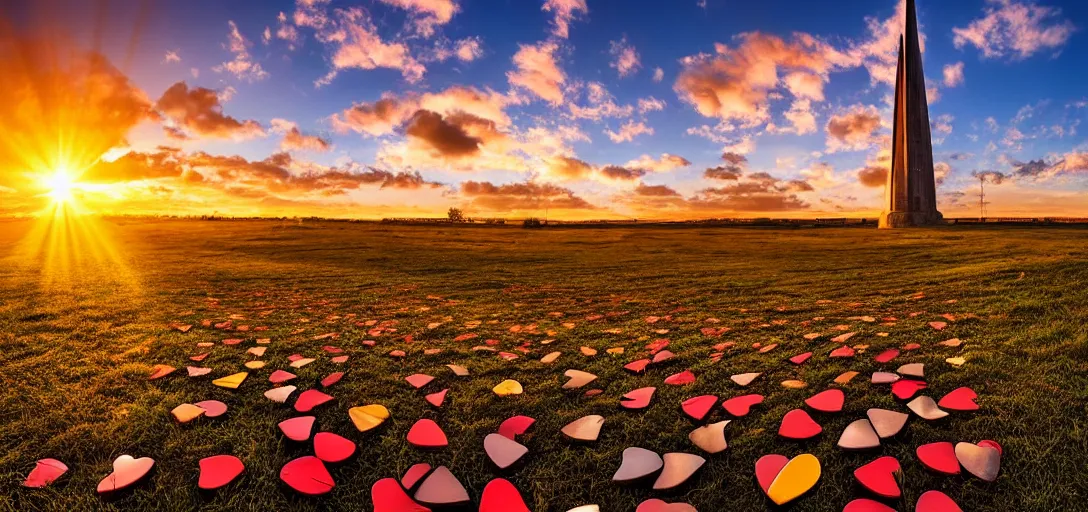 Prompt: a beautiful landscape at sunset with lines of love hearts dancing towards a central spire, nikon d 8 5 0, golden hour, god rays, cinematic lighting