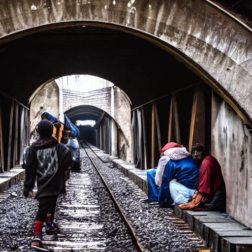 Image similar to poor people life under railway bridge, award winning, realistic, 2 0 0 0 p, hyper details, by steve mccury, best on adobe stock, cinematic, detailed place and people