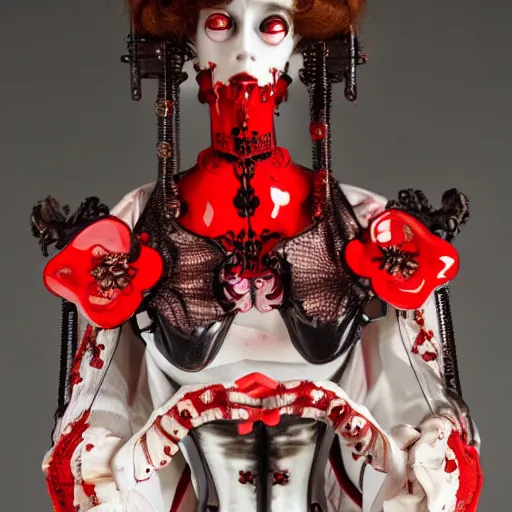 Image similar to red gothic cyborg victorian bizzare porcelain woman with artnouveau garment and ornaments sharp focus 8 k