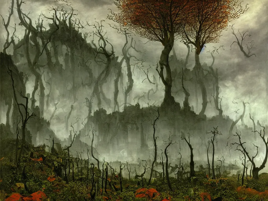 Image similar to Apocalypse with vegetation, leaves, creepers, ivy, ferns taking over the industrial metropolis, toxic, machinery, factory. Thunderstorm, autumn light. Painting by Caspar David Friedrich, Yves Tanguy