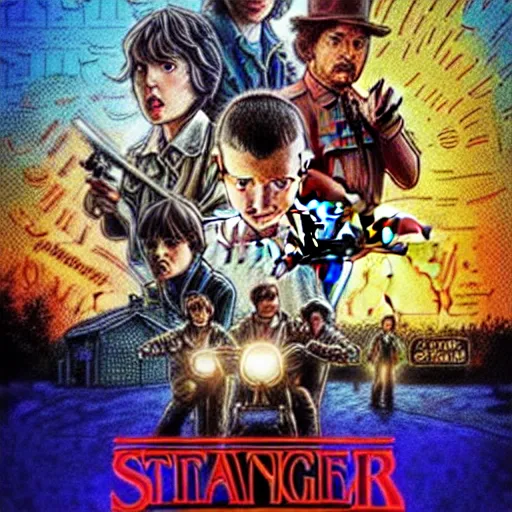 Image similar to tarantino, stranger things cover art, art by stephen bliss