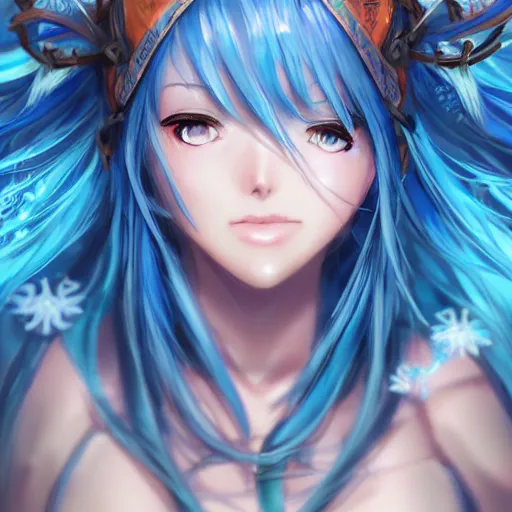 Image similar to advanced digital anime art, WLOP, RossDraws and Sakimichan, female water shaman with blue hair like waves and blue eyes smiling , SFW version —H 1024