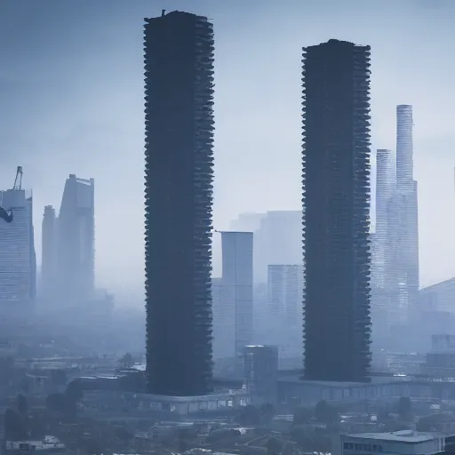 Prompt: Cyberpunk brutalist skyscraper surrounded by industrial smog