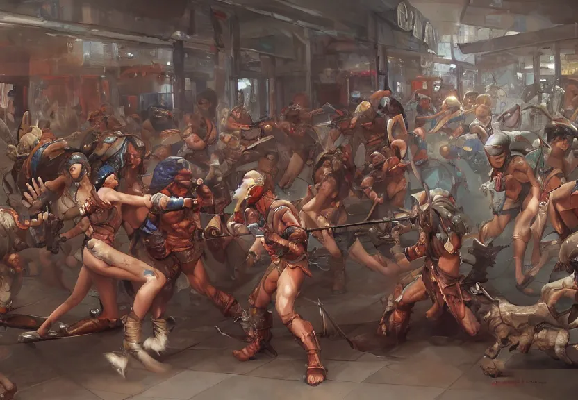 Prompt: gladiators fighting in a supermarket by Stanley Artgerm Lau, WLOP, Rossdraws, James Jean, Andrei Riabovitchev, Marc Simonetti, Yoshitaka Amano, ArtStation, CGSociety