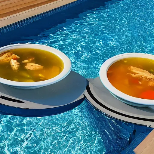 Image similar to a giant swimming pool but instead of water it is chicken soup